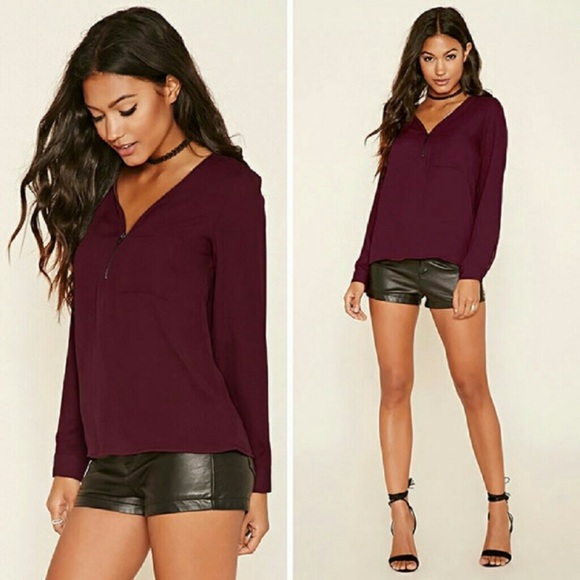 Forever 21 Tops - Forever 21 Zipper V-neck Maroon Pocket Blouse